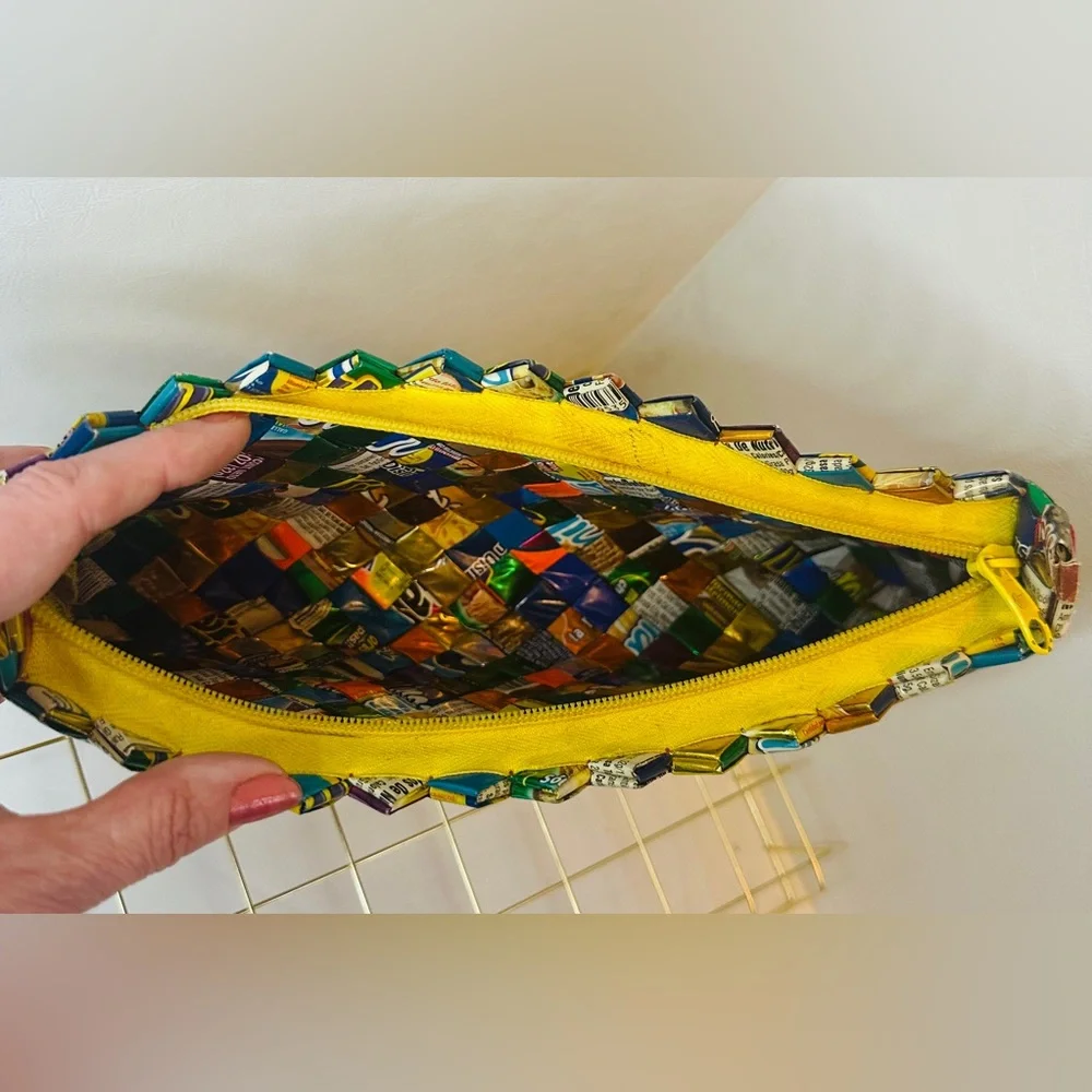 Vintage Handmade Candy Wrapper Clutch Bag Multicolor With Yellow Zipper